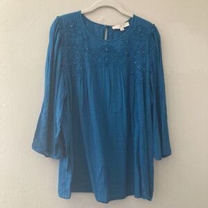 New LOFT Embellished Beaded Blouse LARGE Blue Aqua Peasant Boho
